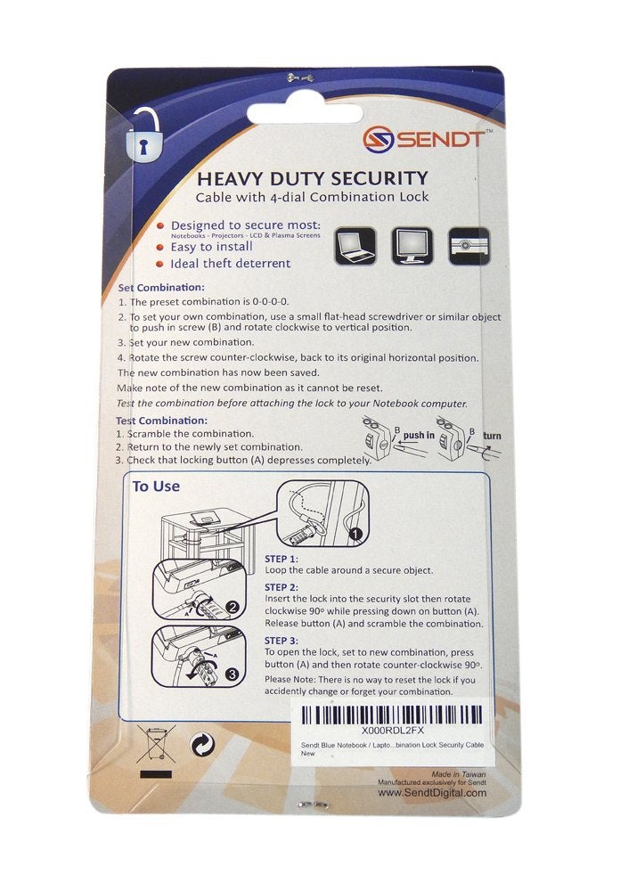Sendt Blue Notebook/Laptop Combination Lock Security Cable - Image 4